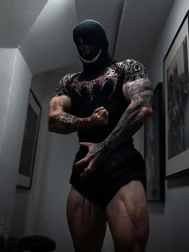 GYM T-shirt Men's Dark Gothic Print Muscle Tee  High Elasticity And Quick Drying Exercise For Bodybuilding Training 2025 Summer